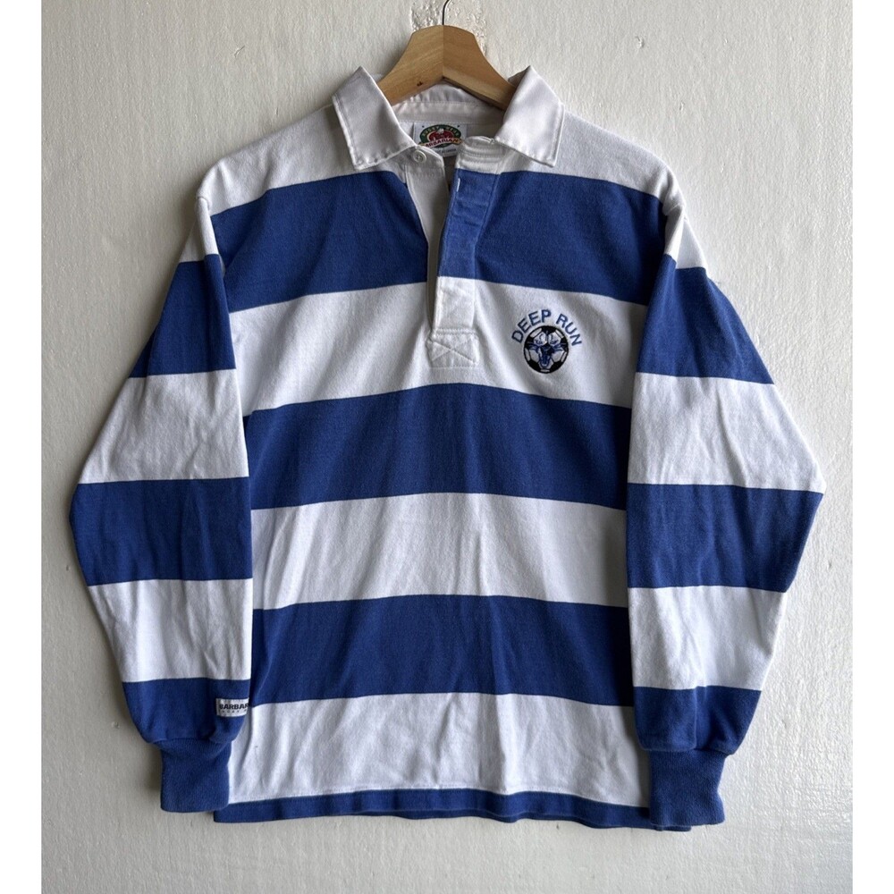 Vintage Barbarian Deep Run Logo Rugby Wear Shirt Striped Blue White Men's Small
